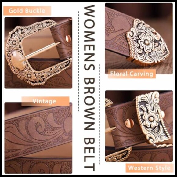 Vintage Western Leather Belt Retro Cowboy Style Adjustable Buckle Waist main image 7